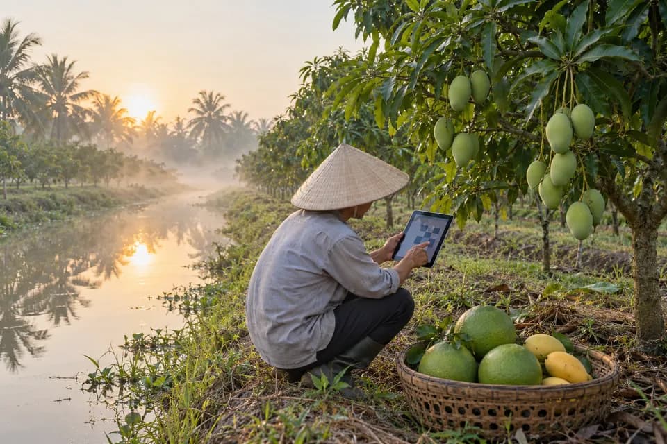 Nông dân ngồi bên cây xoài non trong vườn cạnh kênh, ghi việc chăm sóc vào máy tính bảng lúc sáng sớm