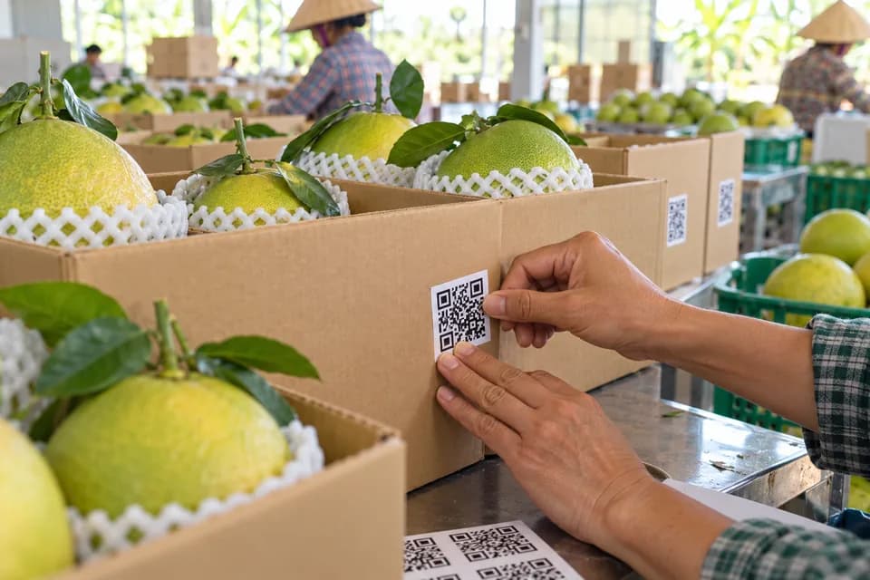 Dán tem mã QR lên thùng bưởi tại nhà đóng gói
