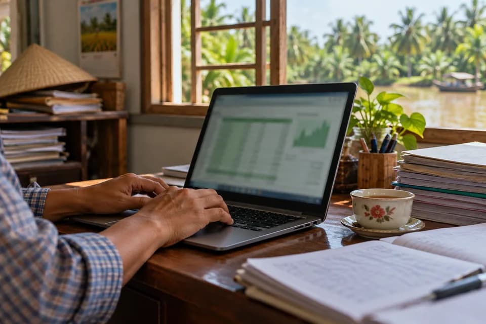 Bàn làm việc của hợp tác xã với máy tính xách tay hiện bảng dữ liệu, sổ ghi chép và tách trà