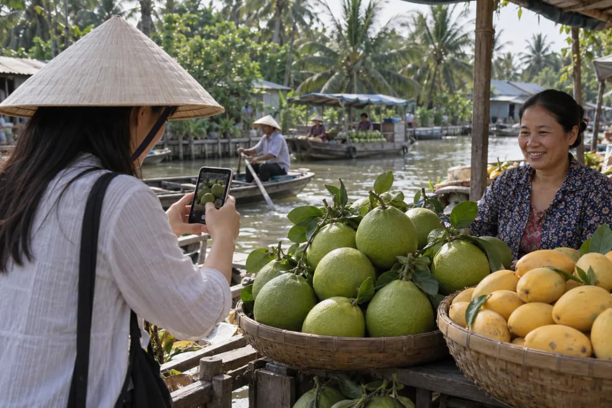 Người mua đội nón lá chụp ảnh rổ bưởi bằng điện thoại ở sạp trái cây ven kênh
