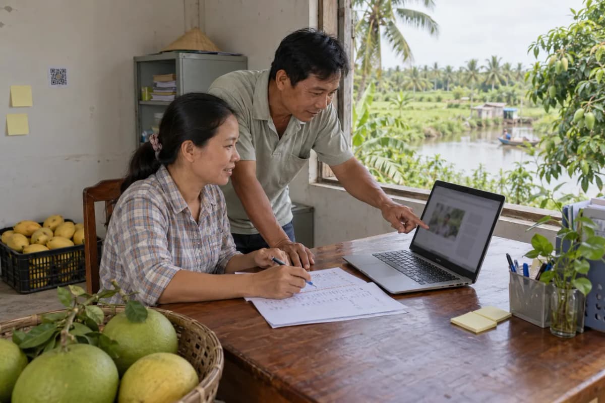 Hai cán bộ hợp tác xã lên kế hoạch tuần bên máy tính xách tay và lịch làm việc in sẵn, sọt xoài đặt cạnh tường
