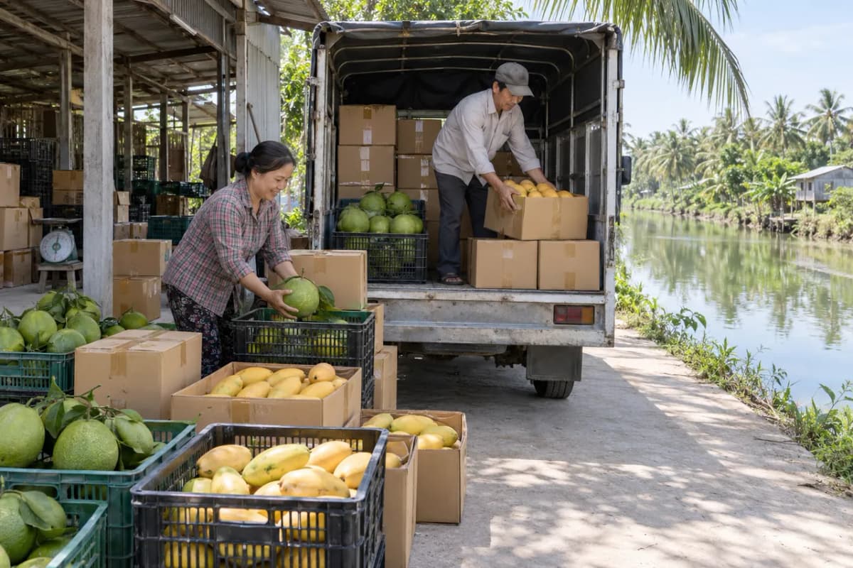 Hai xã viên xếp thùng hàng và sọt xoài, bưởi lên xe tải nhỏ trên đường bê tông dọc kênh