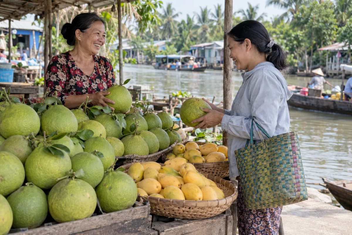 Hai người phụ nữ trò chuyện bên quầy chỉ bày bưởi và xoài ở chợ ven kênh