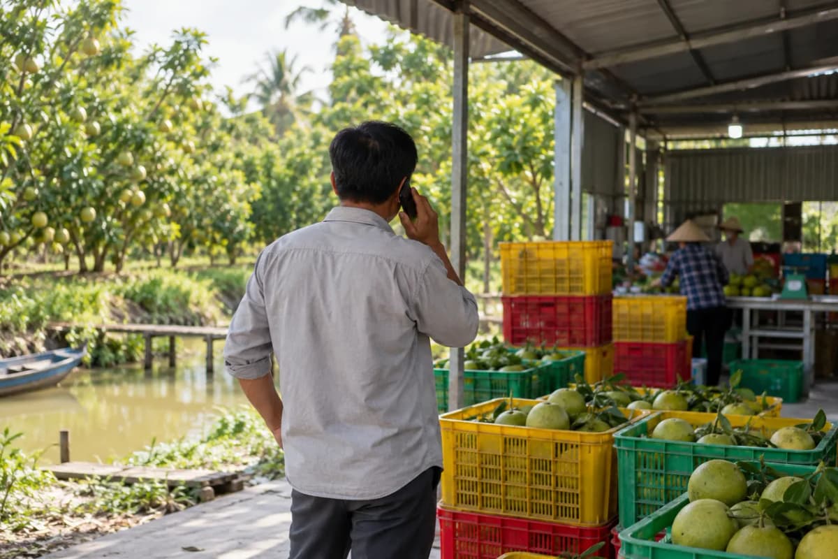 Người mua gọi điện bên các sọt trái cây trước nhà đóng gói của hợp tác xã
