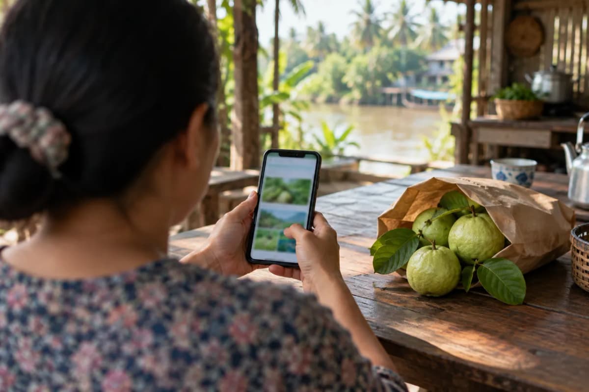 Người mua ngồi bên bàn bếp đọc hồ sơ sản phẩm trên điện thoại, cạnh túi ổi tươi