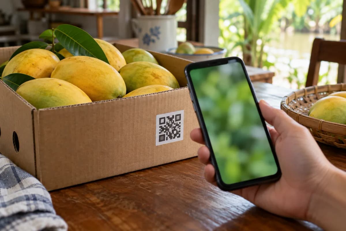 Bàn tay cầm điện thoại quét tem QR trên thùng xoài đặt trên bàn bếp