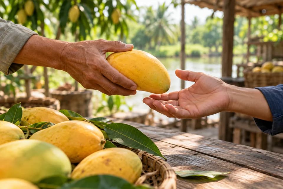 Một bàn tay trao quả xoài chín cho bàn tay khác