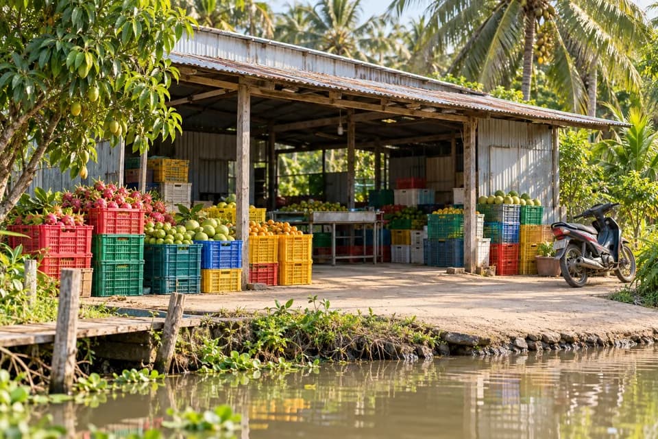 Nhà kho nông sản của hợp tác xã bên kênh, các sọt trái cây xếp dưới mái tôn