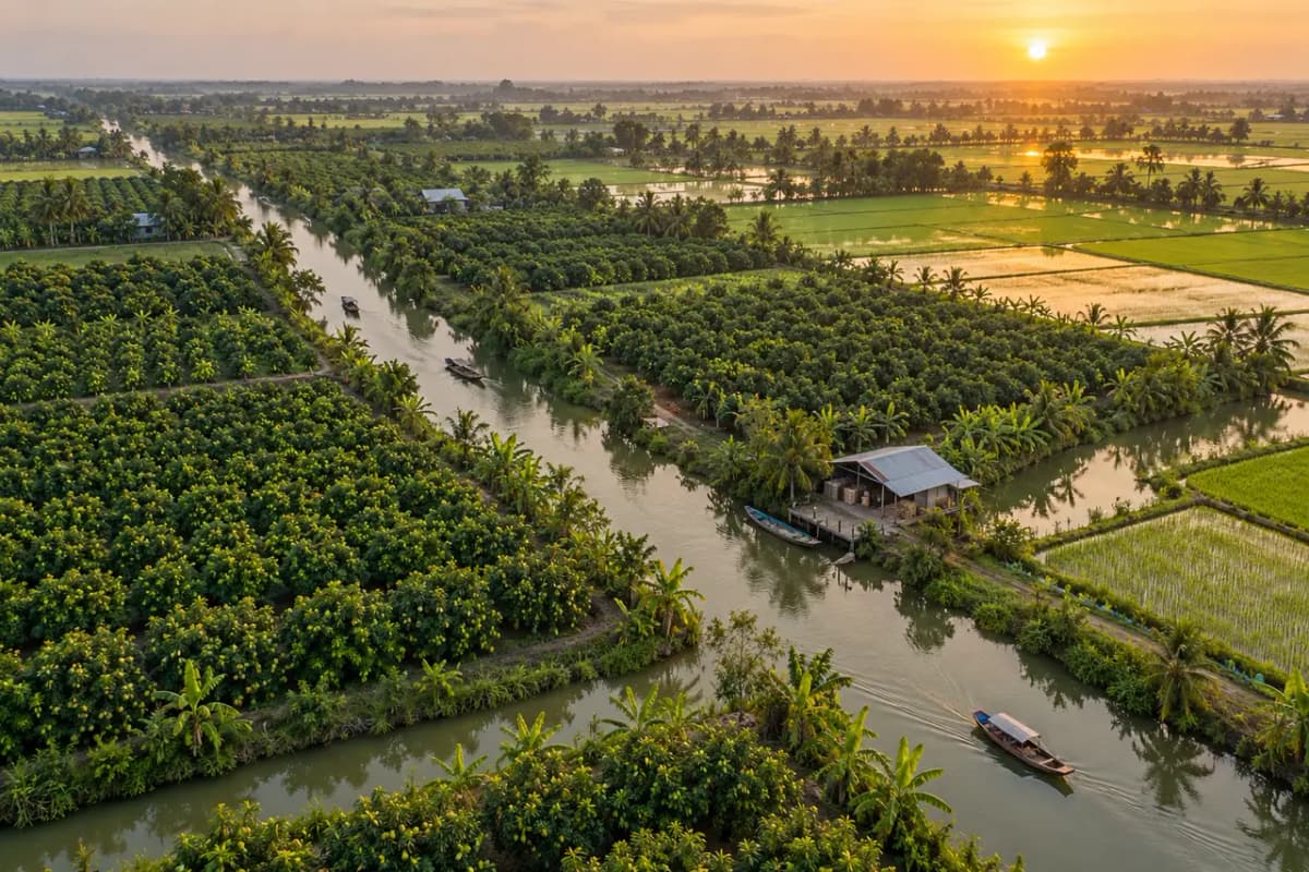 Toàn cảnh vườn cây ăn trái, kênh rạch và ruộng lúa lúc hoàng hôn, nhìn từ trên cao