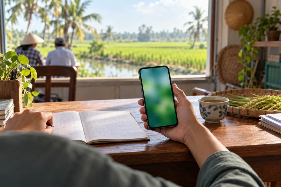 Bàn hỗ trợ của hợp tác xã nhìn ra ruộng lúa: một bàn tay cầm điện thoại, bên cạnh là sổ ghi chép và tách trà