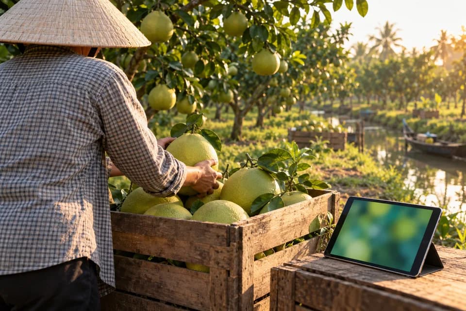 Người nông dân xếp bưởi mới hái vào thùng gỗ trong vườn cây ở miền Tây, bên cạnh là máy tính bảng