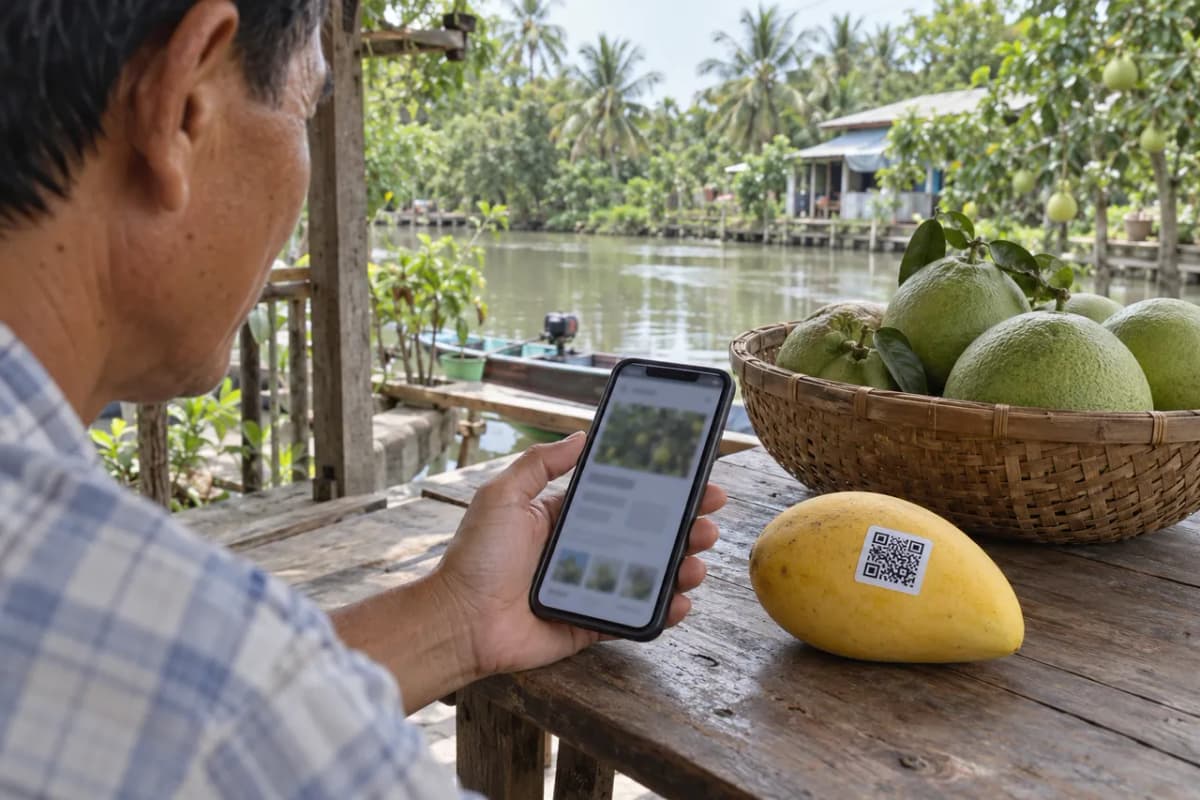 Bàn tay cầm điện thoại bên trái xoài dán ô mã QR và rổ bưởi trên bàn gỗ ở hiên nhà ven kênh