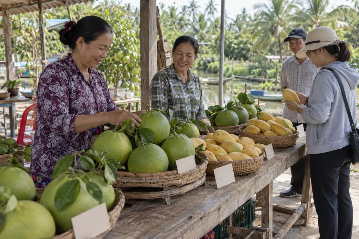 Bàn gỗ bày các giỏ bưởi da xanh và xoài cát vàng ở góc bán hàng của hợp tác xã
