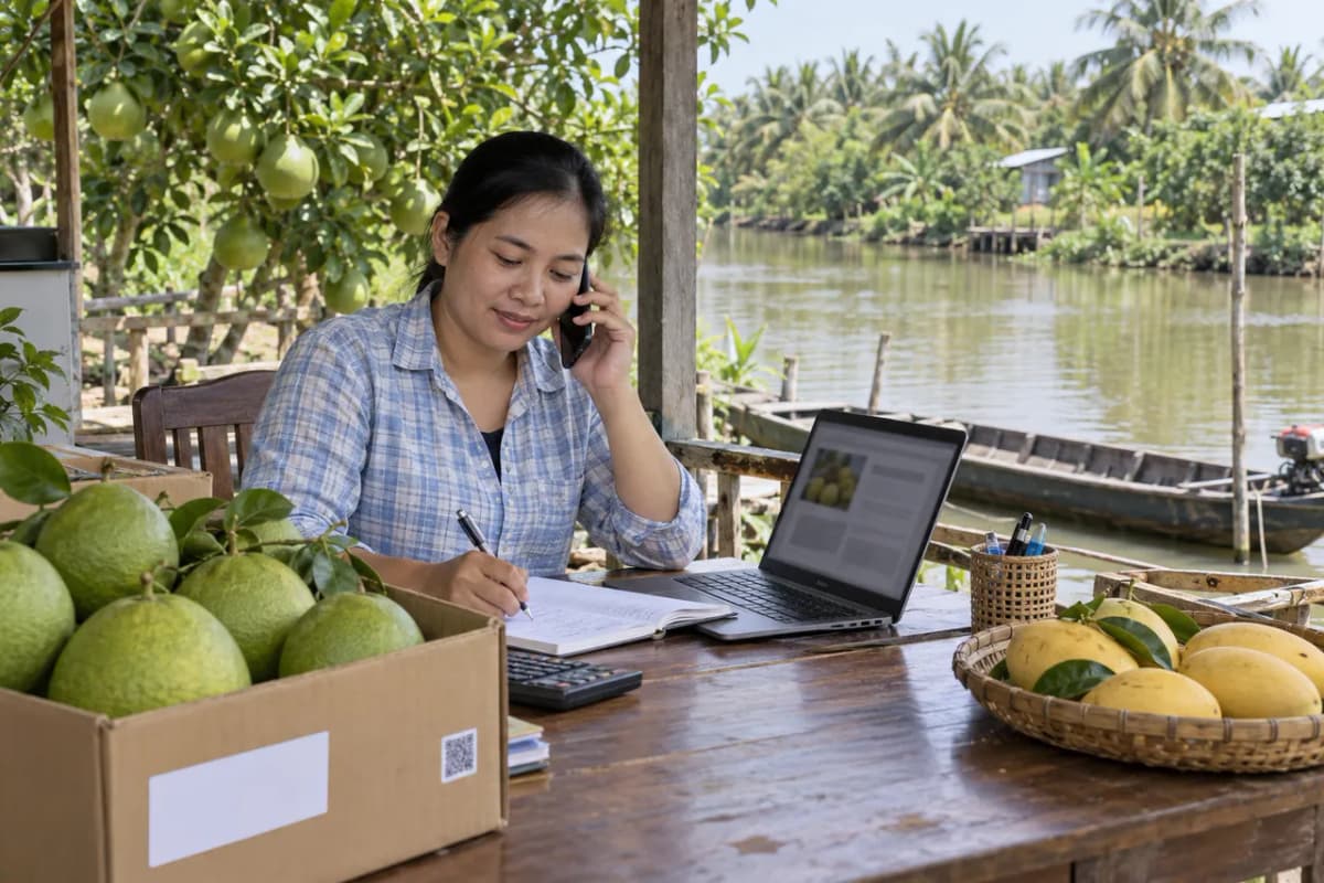 Chị cán bộ hợp tác xã nghe điện thoại và ghi phản ánh của người mua vào sổ, bên thùng bưởi