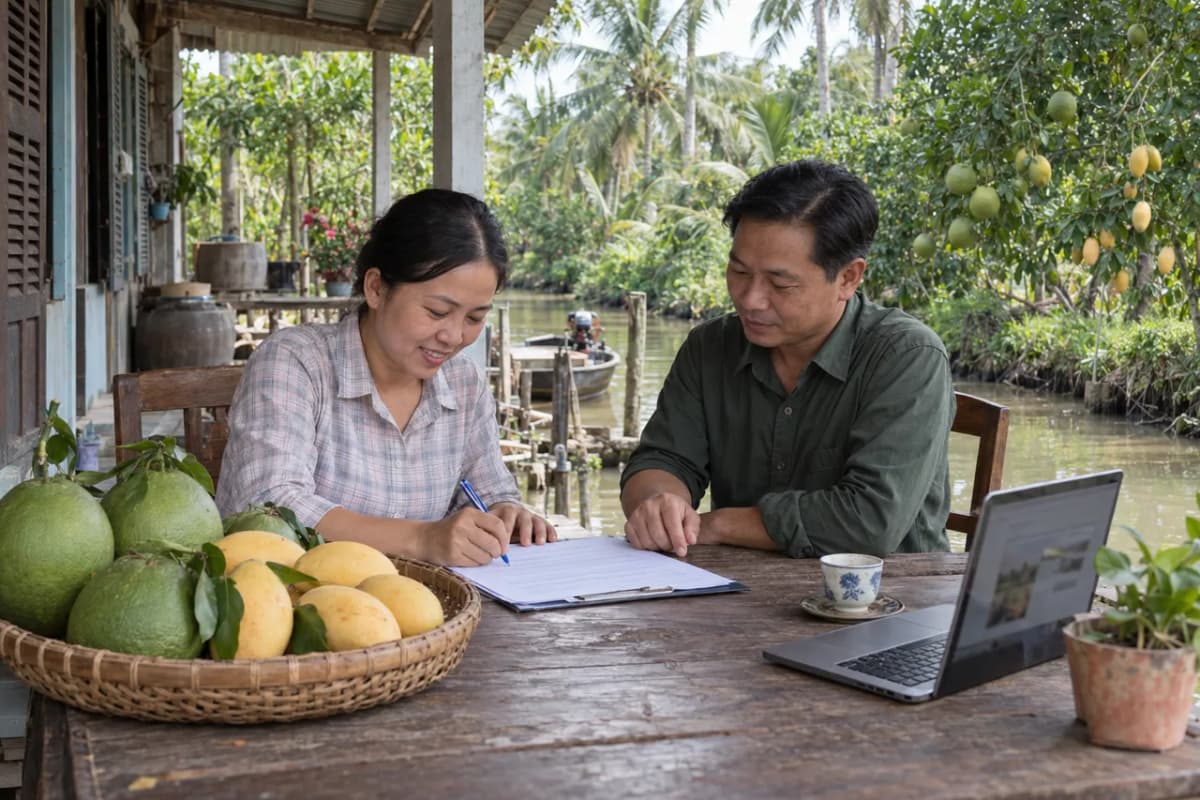 Đại diện hợp tác xã và người mua ký thỏa thuận bên rổ bưởi và xoài dưới hiên nhà ven kênh
