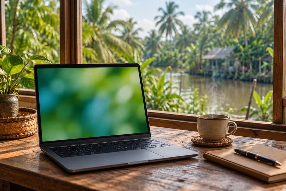 Máy tính xách tay, tách cà phê và sổ tay trên bàn gỗ nhìn ra kênh và hàng dừa