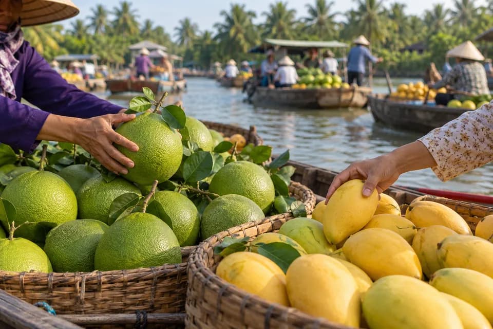 Những bàn tay chọn xoài và bưởi trong giỏ tre trên ghe ở chợ nổi miền Tây
