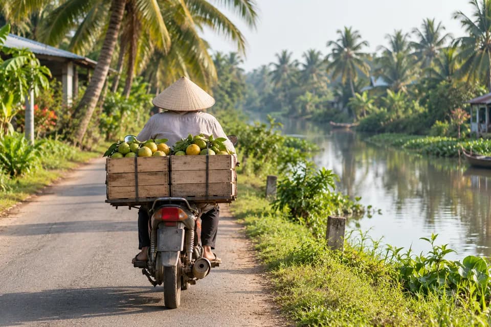 Người giao hàng chạy xe máy chở thùng trái cây trên đường làng ven kênh, nhìn từ phía sau