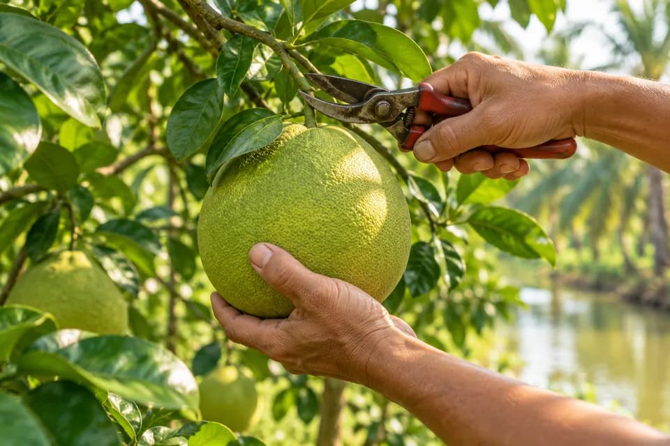 Bàn tay dùng kéo cắt tỉa hái một quả bưởi xanh trên cây