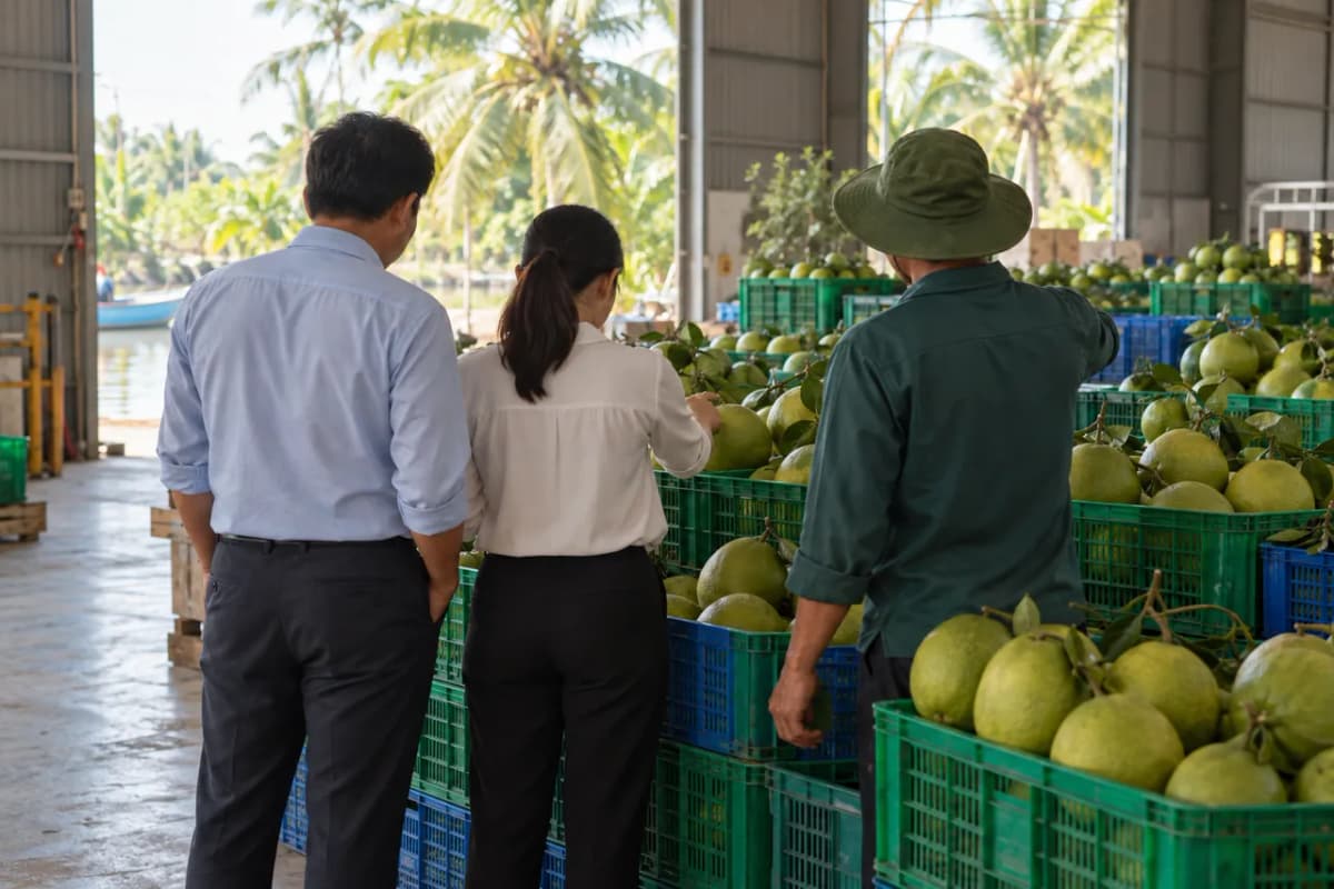 Người mua cùng xã viên xem các sọt bưởi trong kho của hợp tác xã
