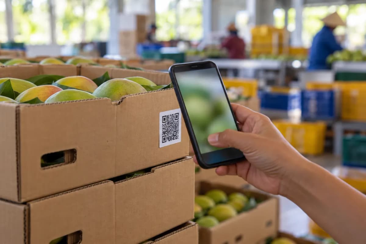 Bàn tay cầm điện thoại quét tem QR trên chồng thùng trái cây trong nhà đóng gói