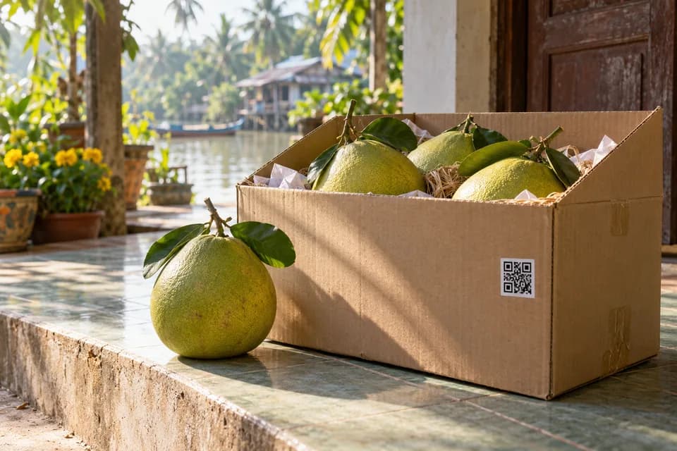 Thùng trái cây có tem QR đặt cạnh quả bưởi trên bậc thềm