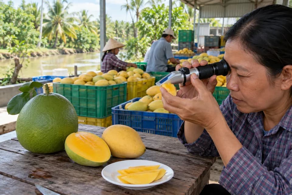 Bàn tay đo độ ngọt một lát xoài bằng khúc xạ kế trên bàn gỗ ở nhà đóng gói
