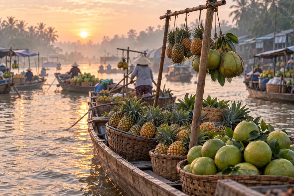 Chợ nổi trên sông miền Tây lúc bình minh, thuyền chở dứa và bưởi