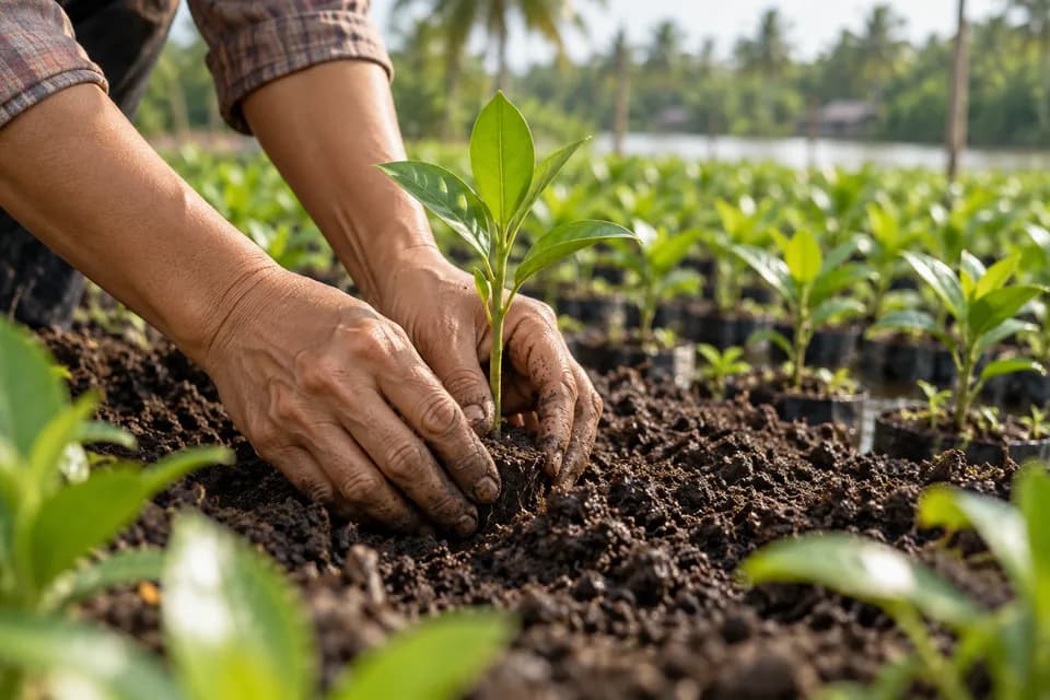Bàn tay đặt cây giống vào đất ẩm trong vườn ươm