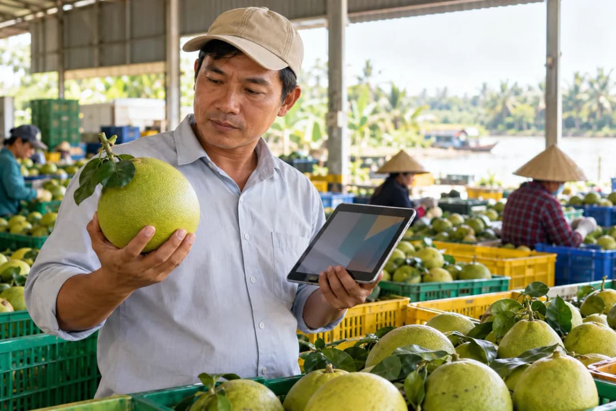 Cán bộ kỹ thuật của hợp tác xã cầm quả bưởi và máy tính bảng trong nhà sơ chế, phía sau là các sọt bưởi và sông