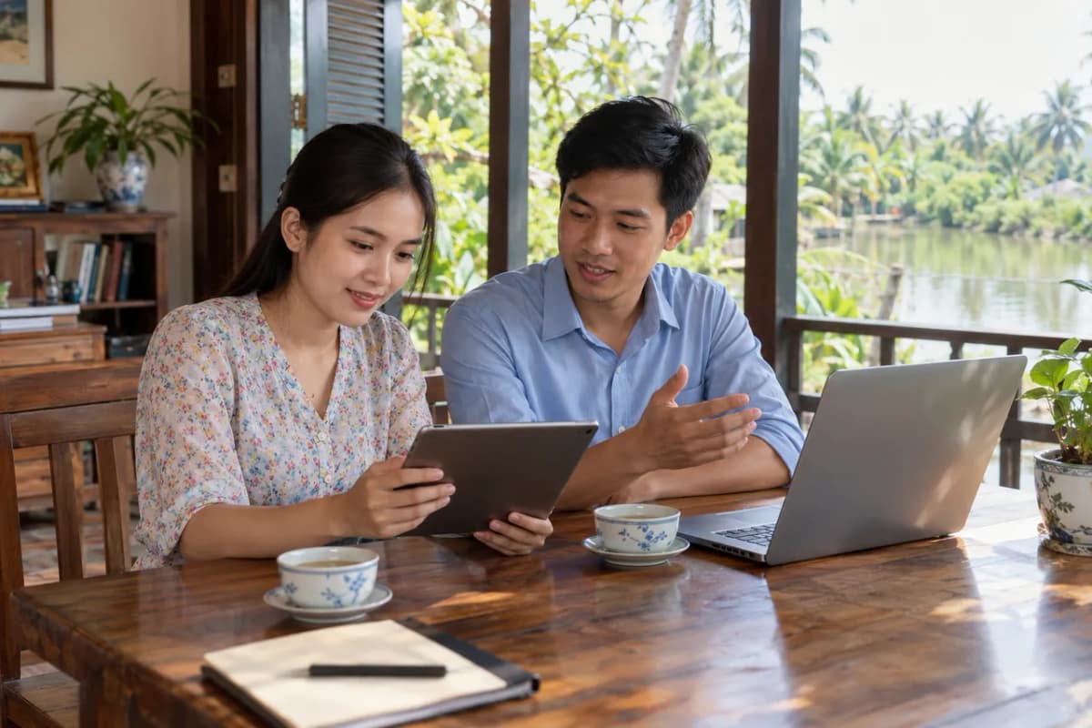 Hai bạn trẻ trao đổi bên máy tính bảng và máy tính xách tay trên bàn gỗ, phía sau là hàng dừa ven sông