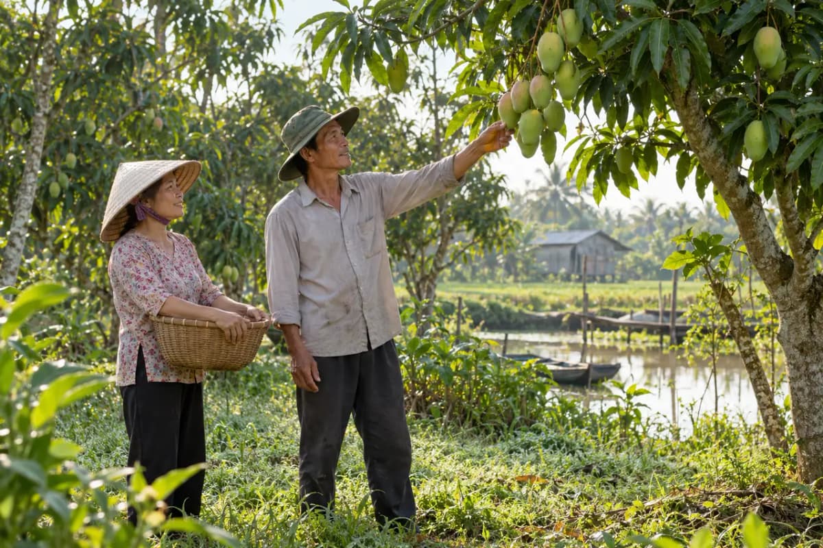 Hai vợ chồng nông hộ đứng dưới gốc xoài trong vườn nhà, người chồng chỉ lên chùm xoài, người vợ cầm giỏ đan