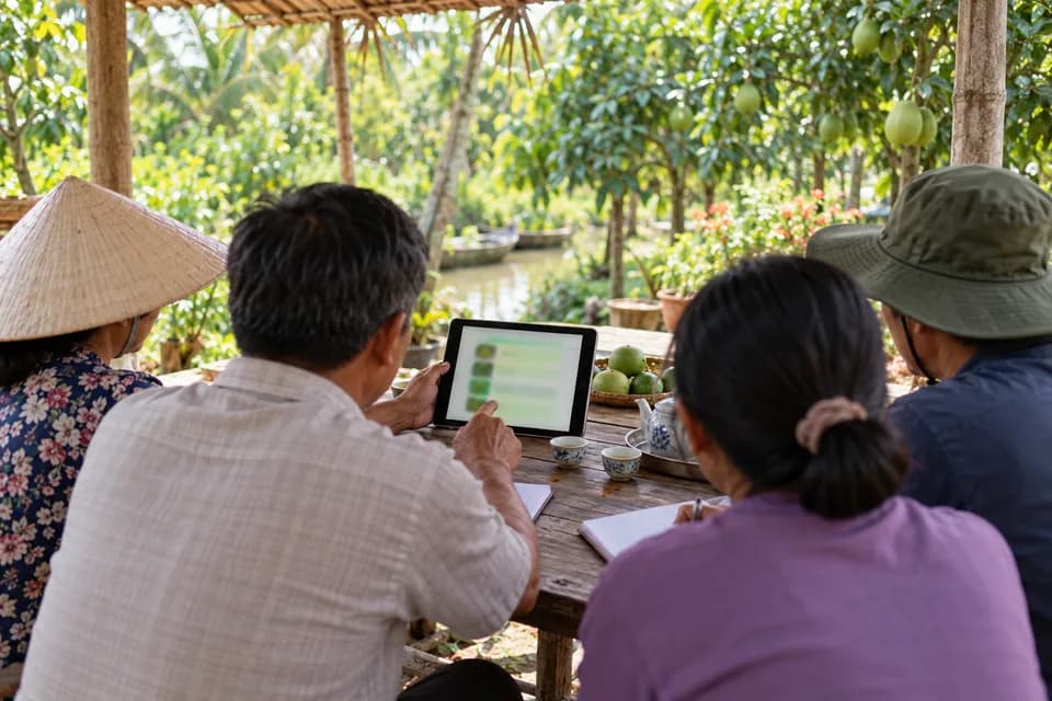 Thành viên hợp tác xã xem danh sách trên máy tính bảng dưới mái hiên