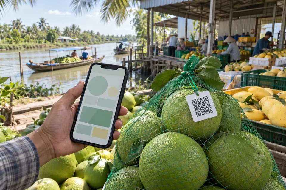 Quét tem QR trên túi lưới bưởi da xanh bằng điện thoại